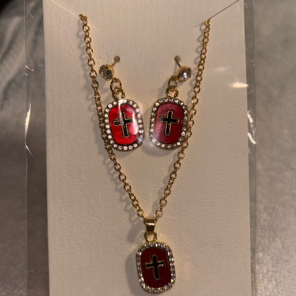 Gold and Red Cross Pendant Necklace and Earring Set